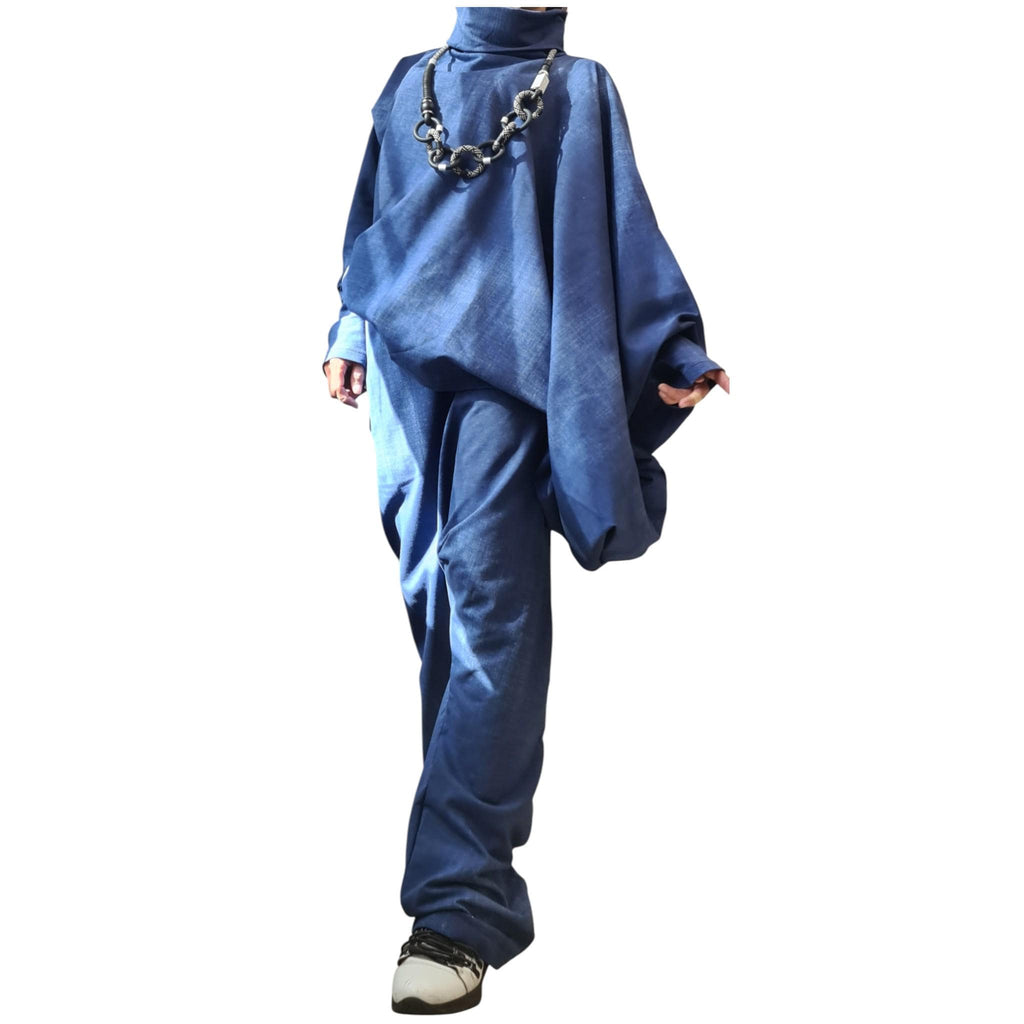 Plus Size Outfit Women, symmetric Sleeve Blouse, Harem Pants, Denim Look Cotton Fabric