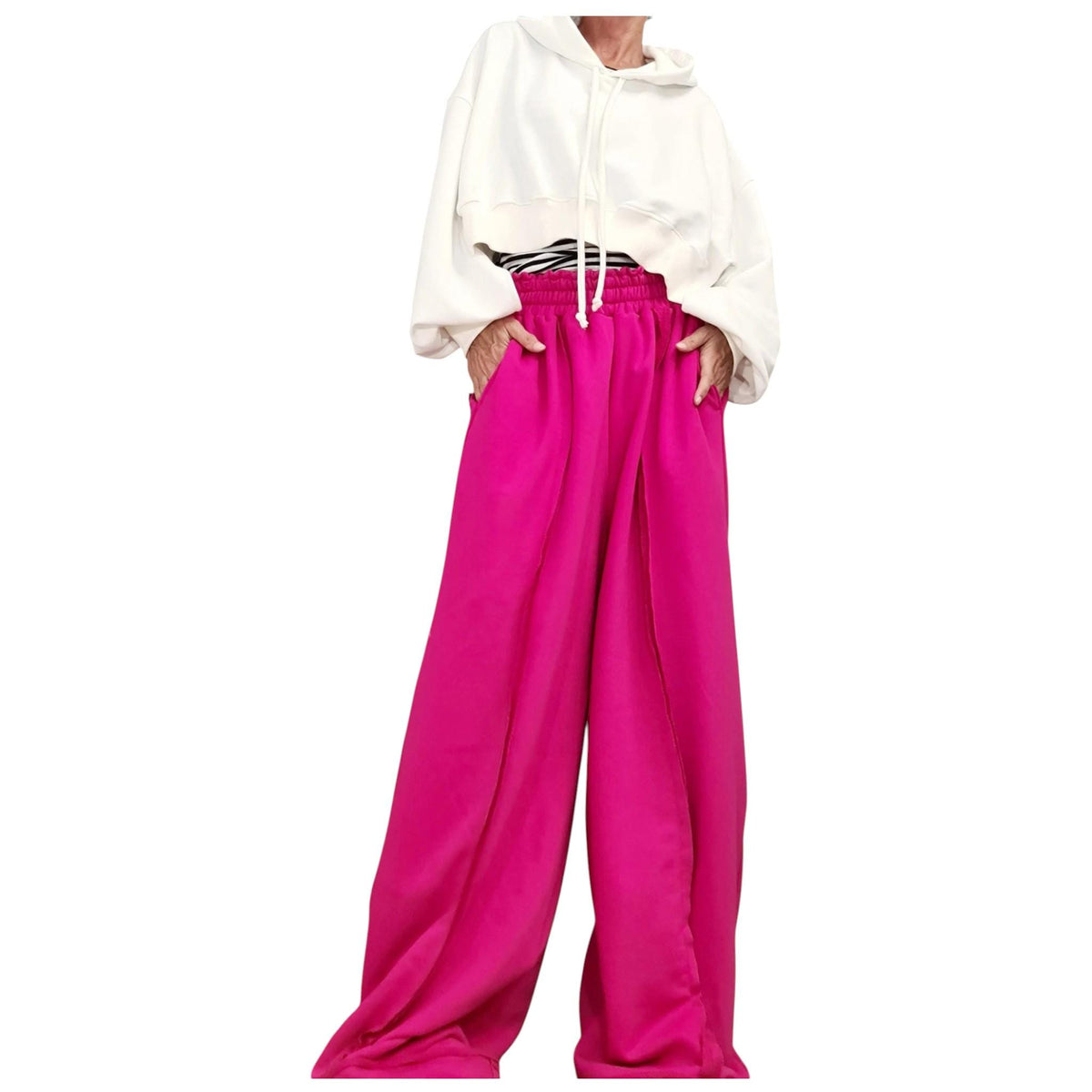 Fuchsia Wide Leg Pants, French Terry Cotton Trousers, Drop Crotch, Plus Size