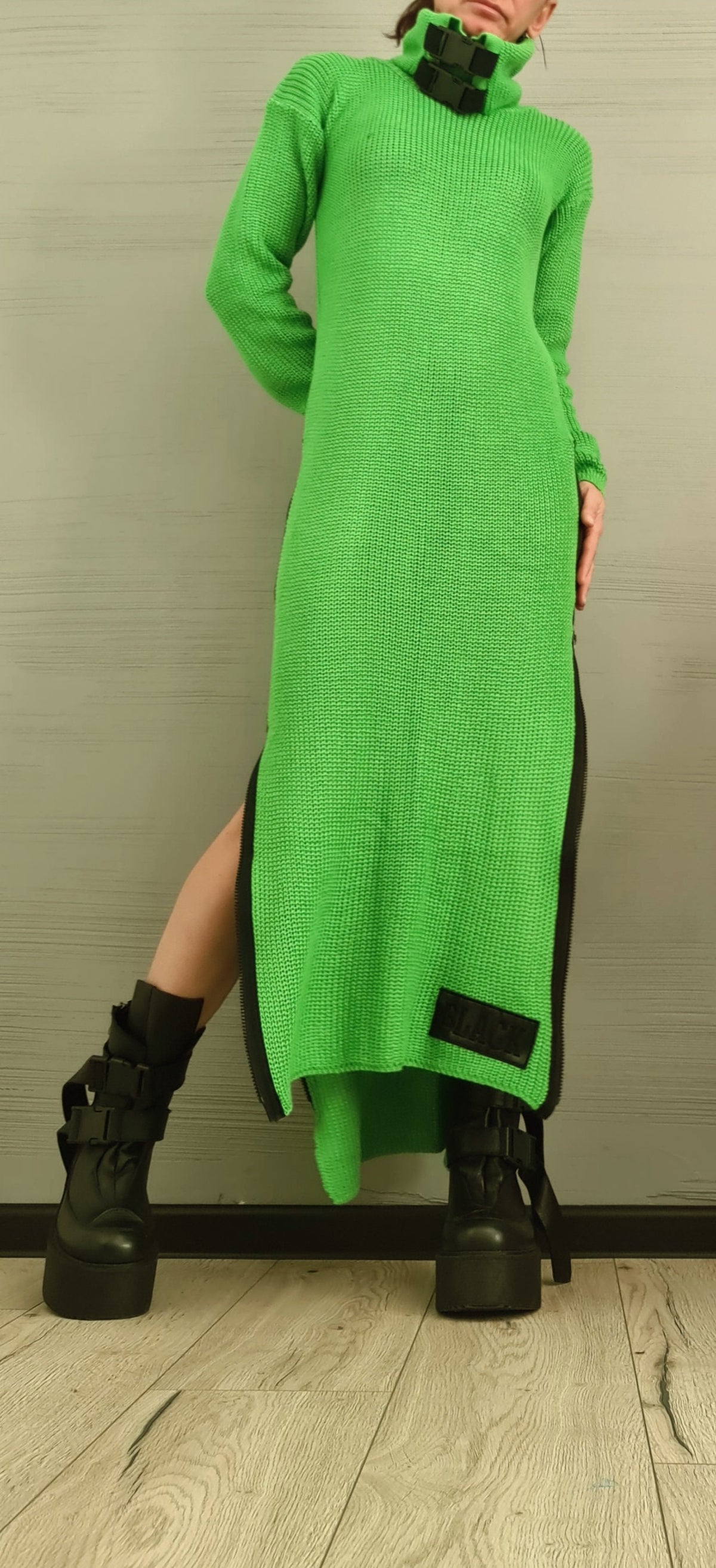 Green Lime Green Asymmetric Knitted Maxi Dress, Long Sleeves, High Turtleneck