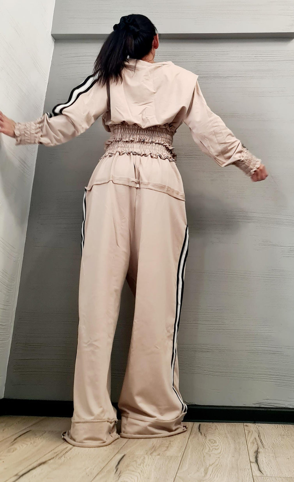 Beige Cotton Wide Leg Pants Set, Ruched Cropped Blouse, Contrast Stripes