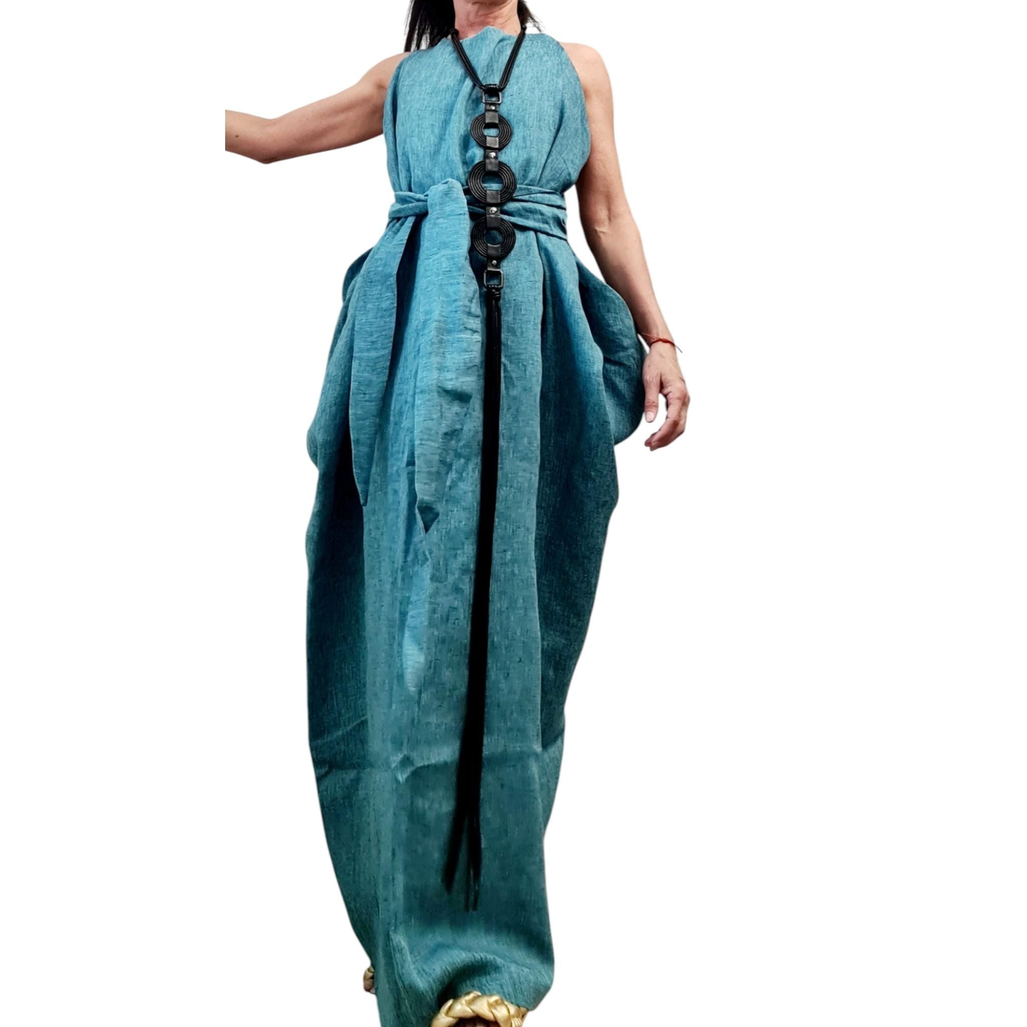 Turquoise Linen Maxi Dress for Women, Long Asymmetric Summer Dress, Convertible Loose Fit Clothing