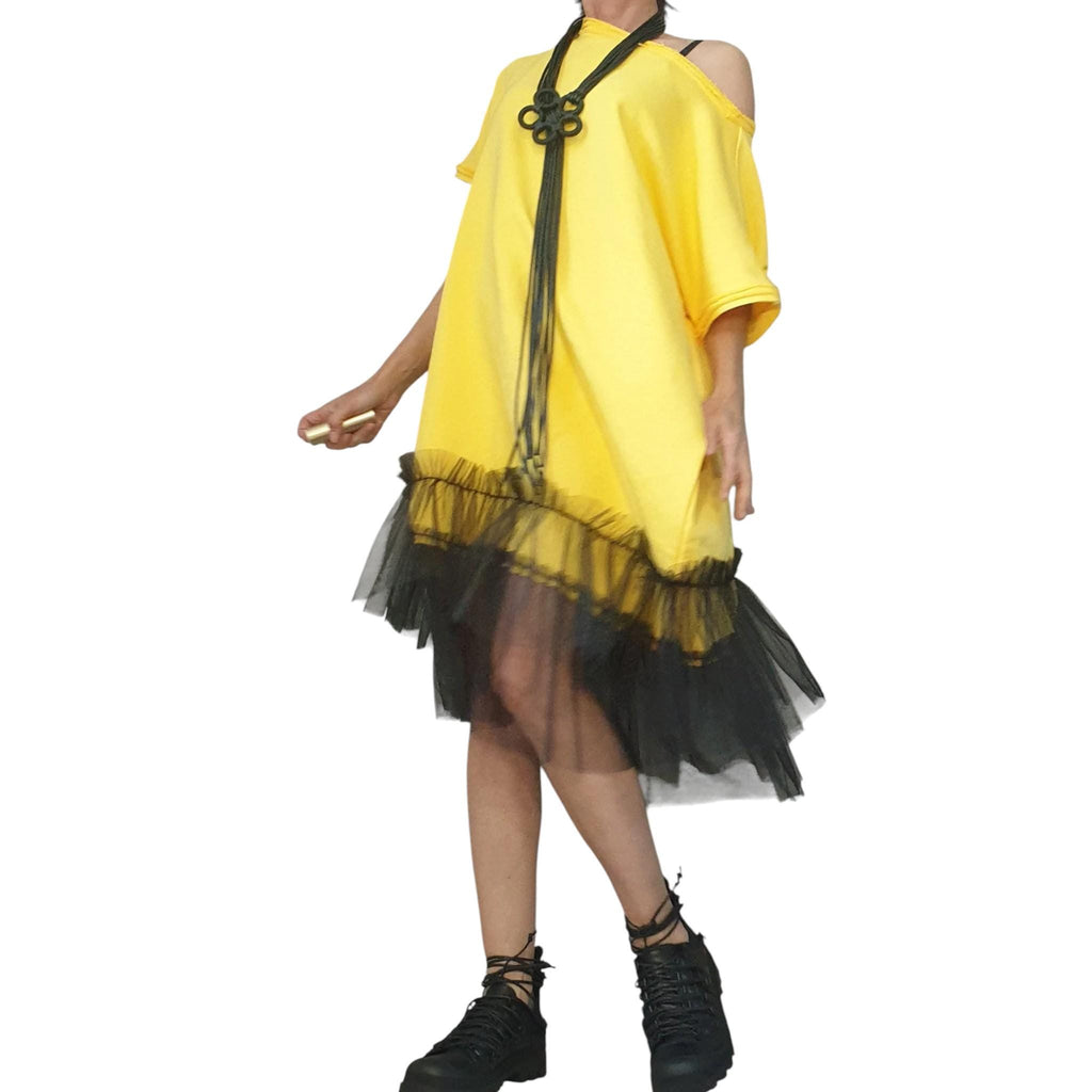 Oversize Yellow Tunic Dress - Loose Fit with Tulle Accent