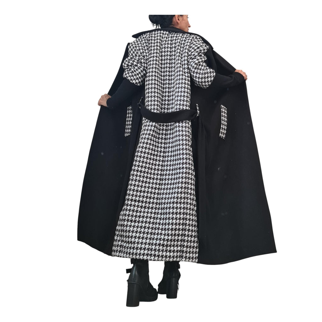 Black Asymmetric Wool Coat, Houndstooth Back Panel, Oversized Maxi Coat, Plus Size