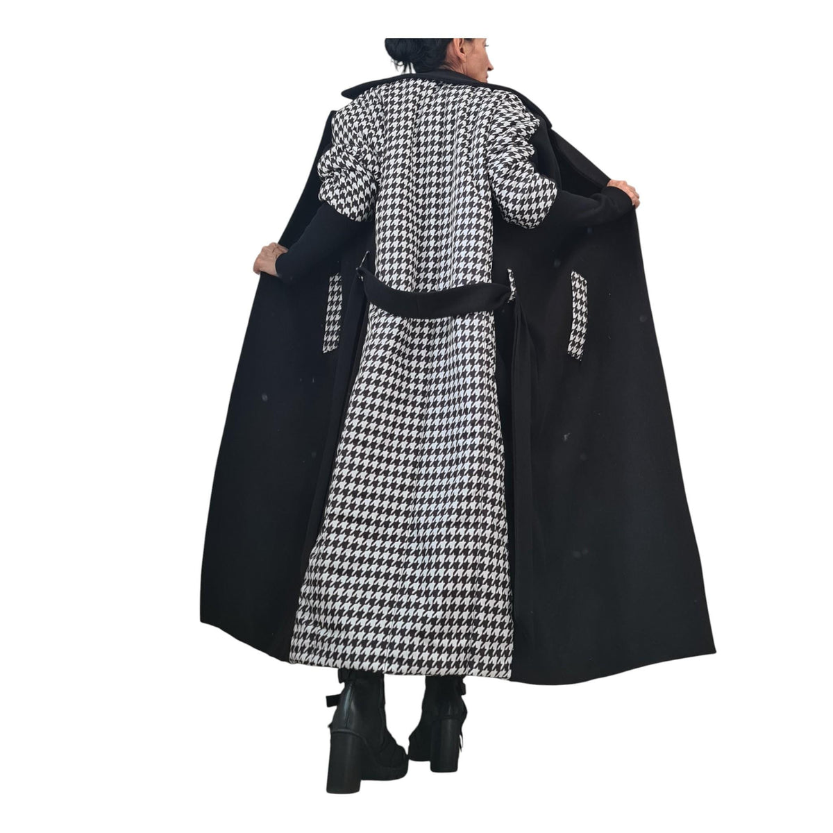 Black Asymmetric Wool Coat, Houndstooth Back Panel, Oversized Maxi Coat, Plus Size