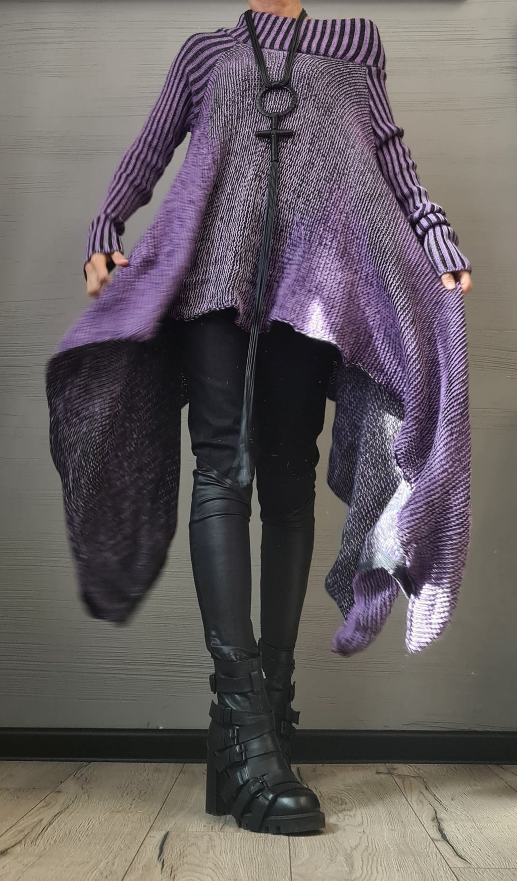 Purple Wool Blend Knitted Blouse, Open Shoulder Sweater, Plus Size Long Sleeve Top