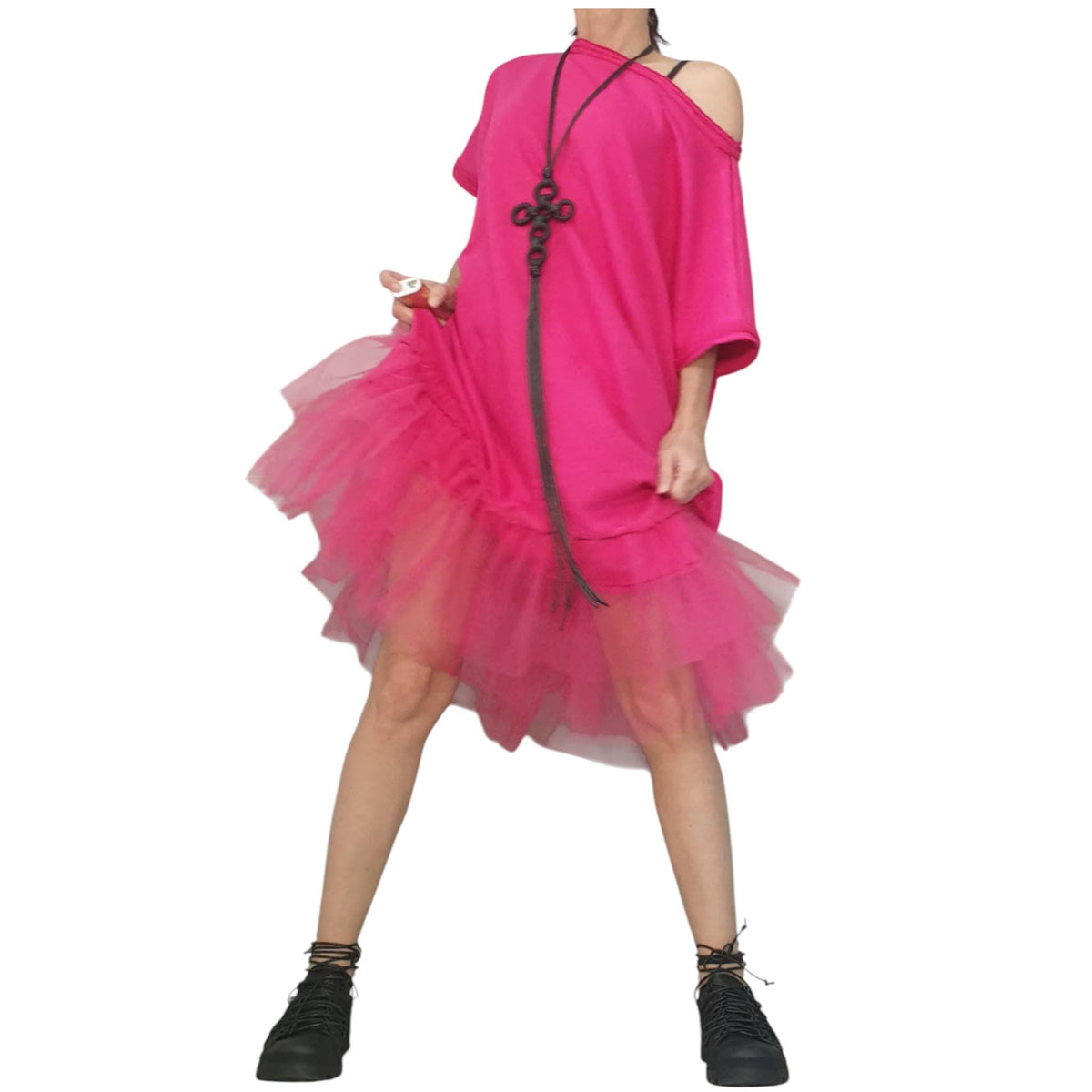 Fuchsia Asymmetrical Tulle Tunic, Cotton Avant Garde Dress, Loose Fit Plus Size Women
