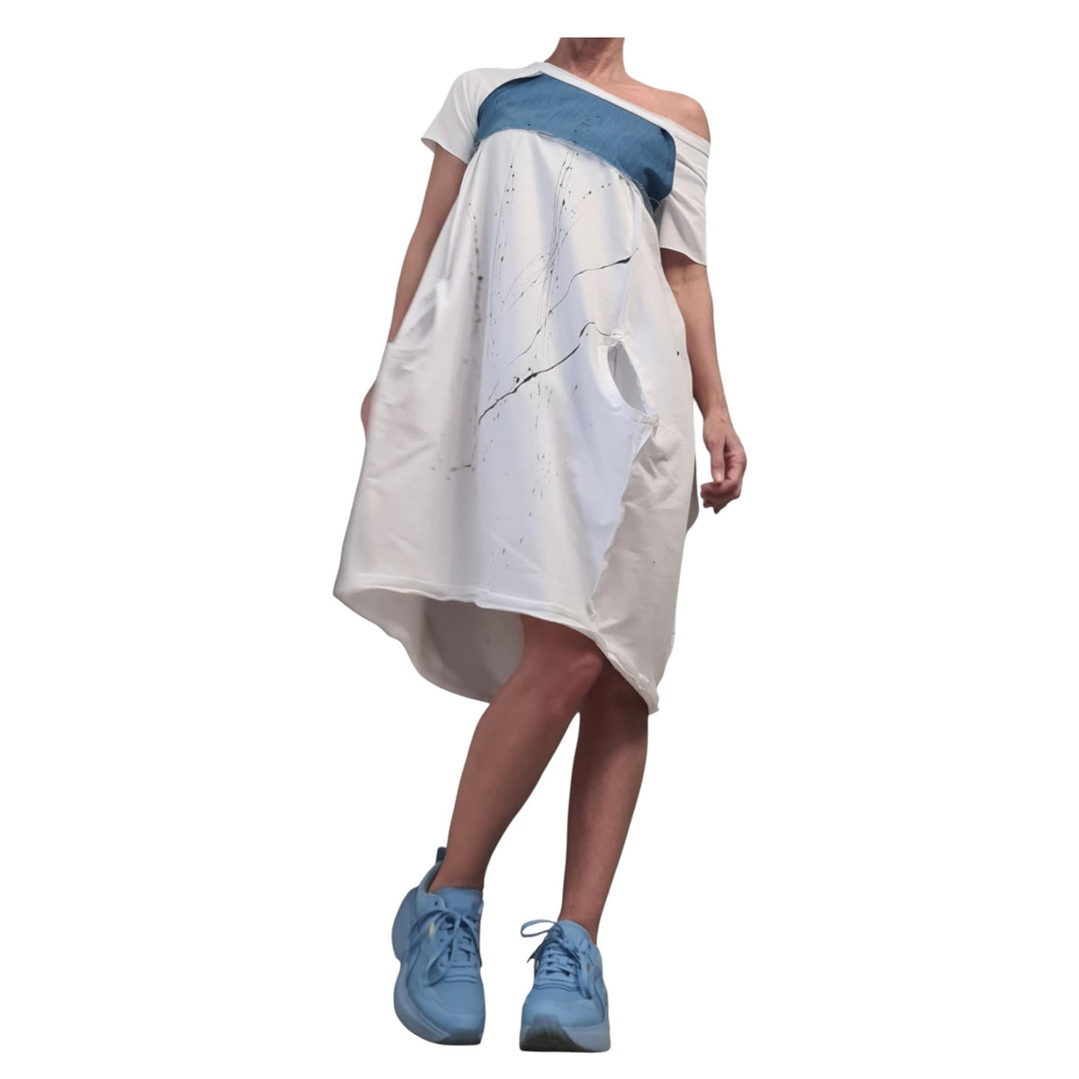 White Extravagant One Shoulder Dress, French Terry Cotton Denim Tunic, Plus Size Asymmetric Dress