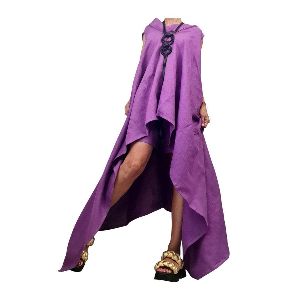 Purple Linen Tunic Shorts Set, Asymmetric Long Tunic, Loose Pants, Handmade Summer Outfit