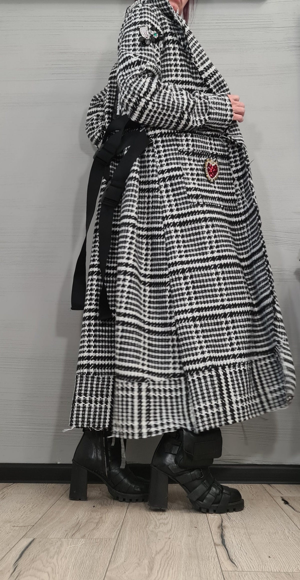 Black and White Plaid Coat, Long Belted Oversized Winter Jacket, Plus Size Cardigan