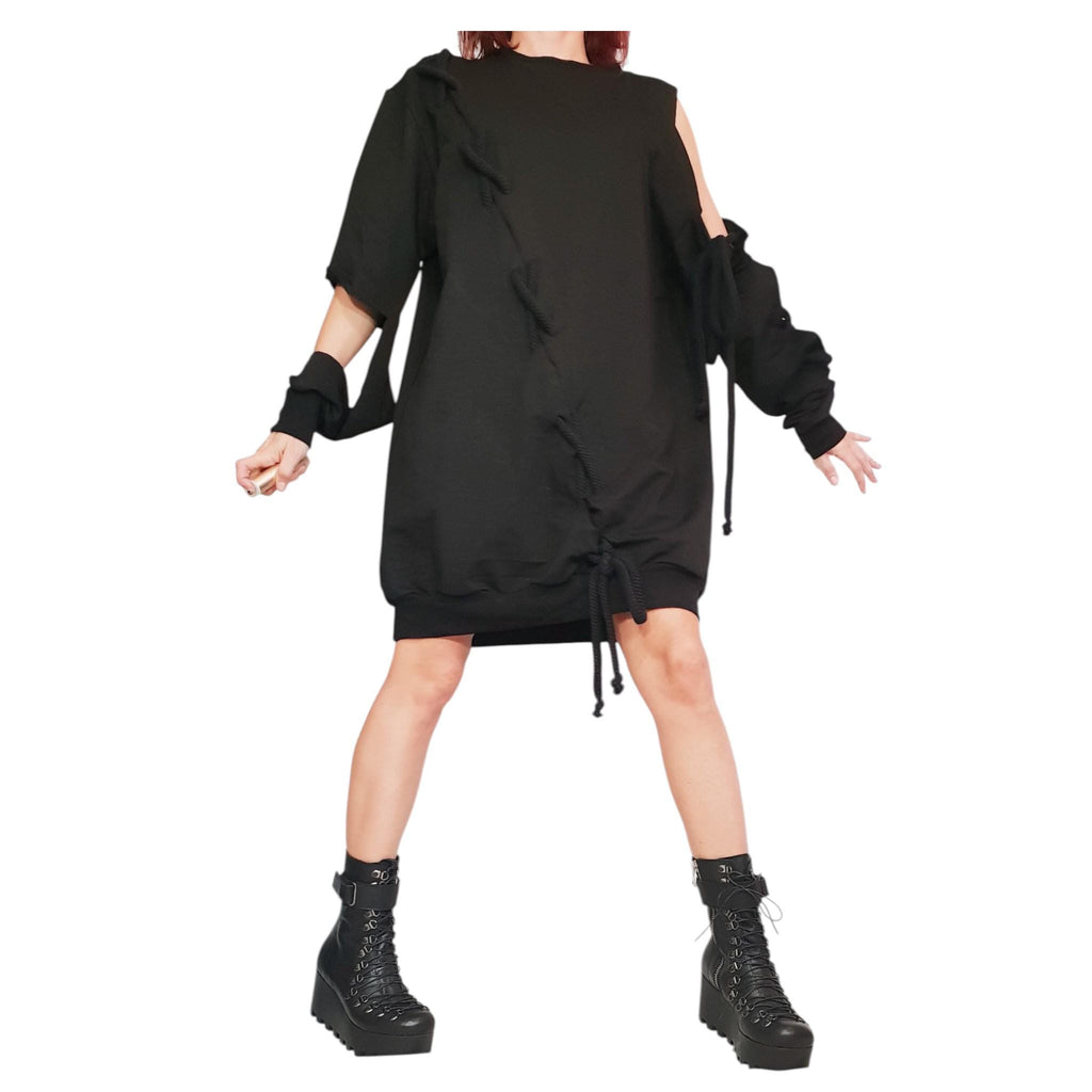 Extravagant Black Dress, One Shoulder Loose Tunic, Plus Size Clothing, Knee Length