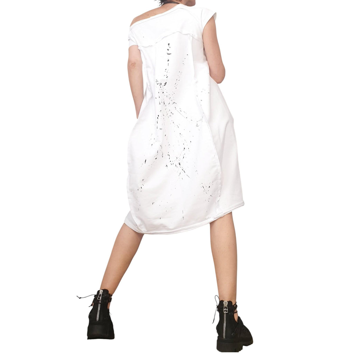 White Cotton Short Sleeve Dress, One Shoulder, Asymmetric Oversized Tunic