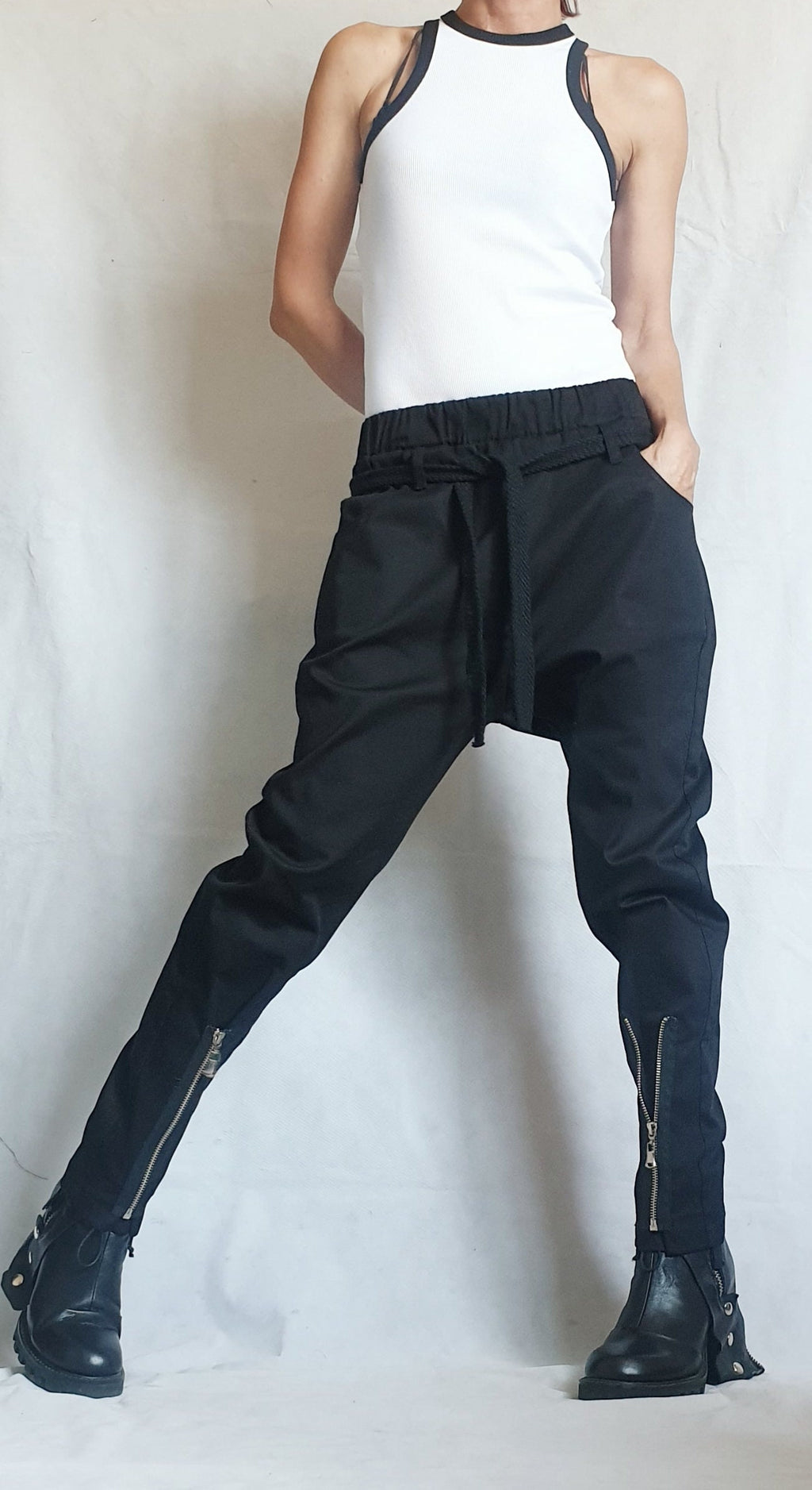Black Drop Crotch Trousers, Zip Detail Pants for Tapered Leg