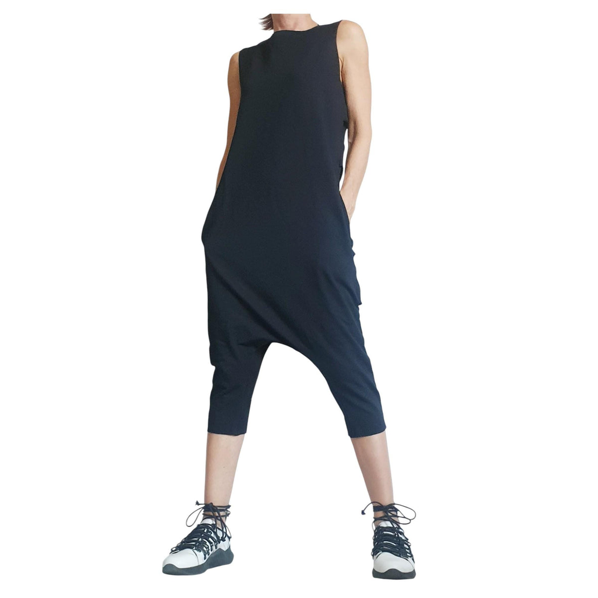 Black Harem Jumpsuit Loose Drop Crotch Women Outfit Asymmetric Oversize Gothic Grunge Clothing