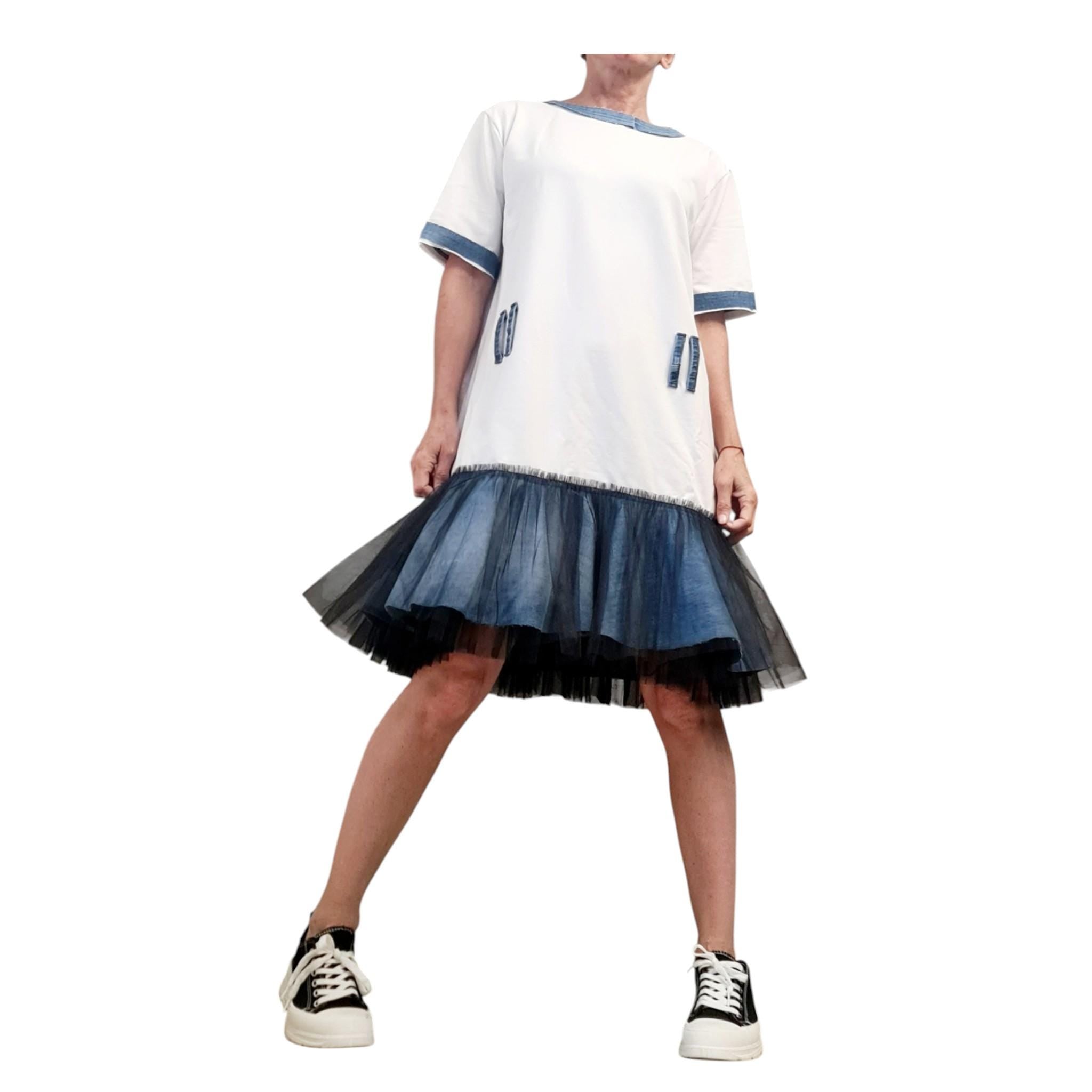 Extravagant Cotton Denim Tulle Tunic Dress, Casual Oversized T-Shirt Dress with Jean Accents – Unique Layered Skirt Style