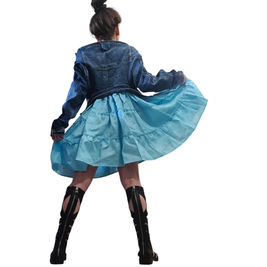Denim Linen Dress, Blue Tiered Skirt, Off Shoulder Top, Asymmetrical Short Dress, Summer Outfit