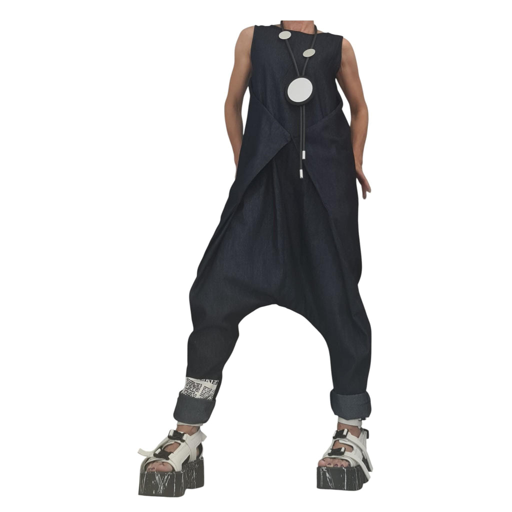 Asymmetric Denim Harem Jumpsuit, Plus Size Wide Leg Sleeveless Overall
