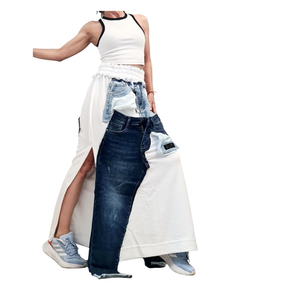 Orange Extravagant Long Skirt, Cotton Denim, Deconstructed Avant Garde Skirt Outside Seam