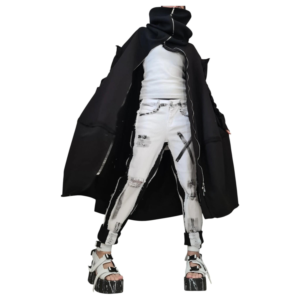 Black Cotton Maxi Sweatshirt, Oversized Jacket with Asymmetrical Zip, High Collar, Plus Size