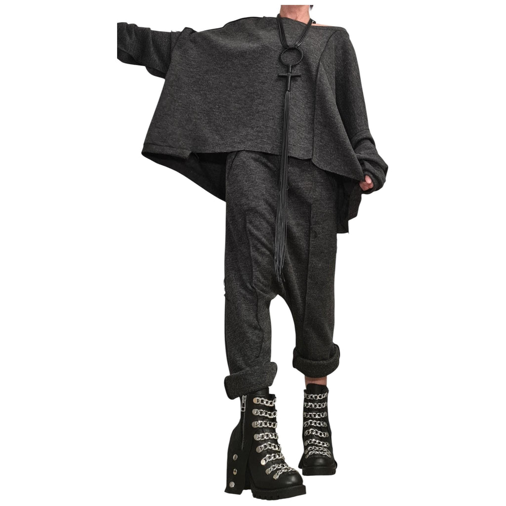 Orange Knit Deep Drop Crotch Harem Pants, Oversized Asymmetrical Blouse, Raw Edges, Co-Ord Set