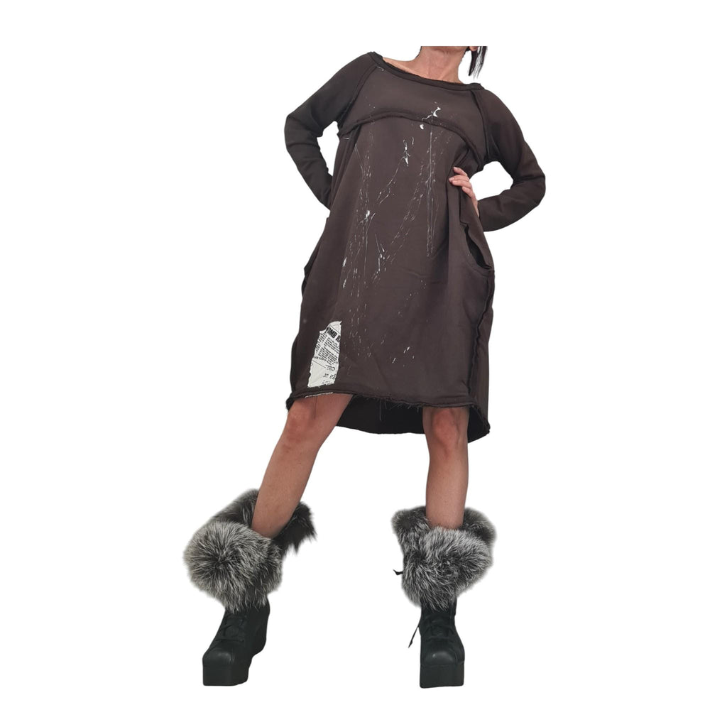 Brown French Terry Off Shoulder Dress for Women, Oversized Asymmetric Tunic, Balloon Shape