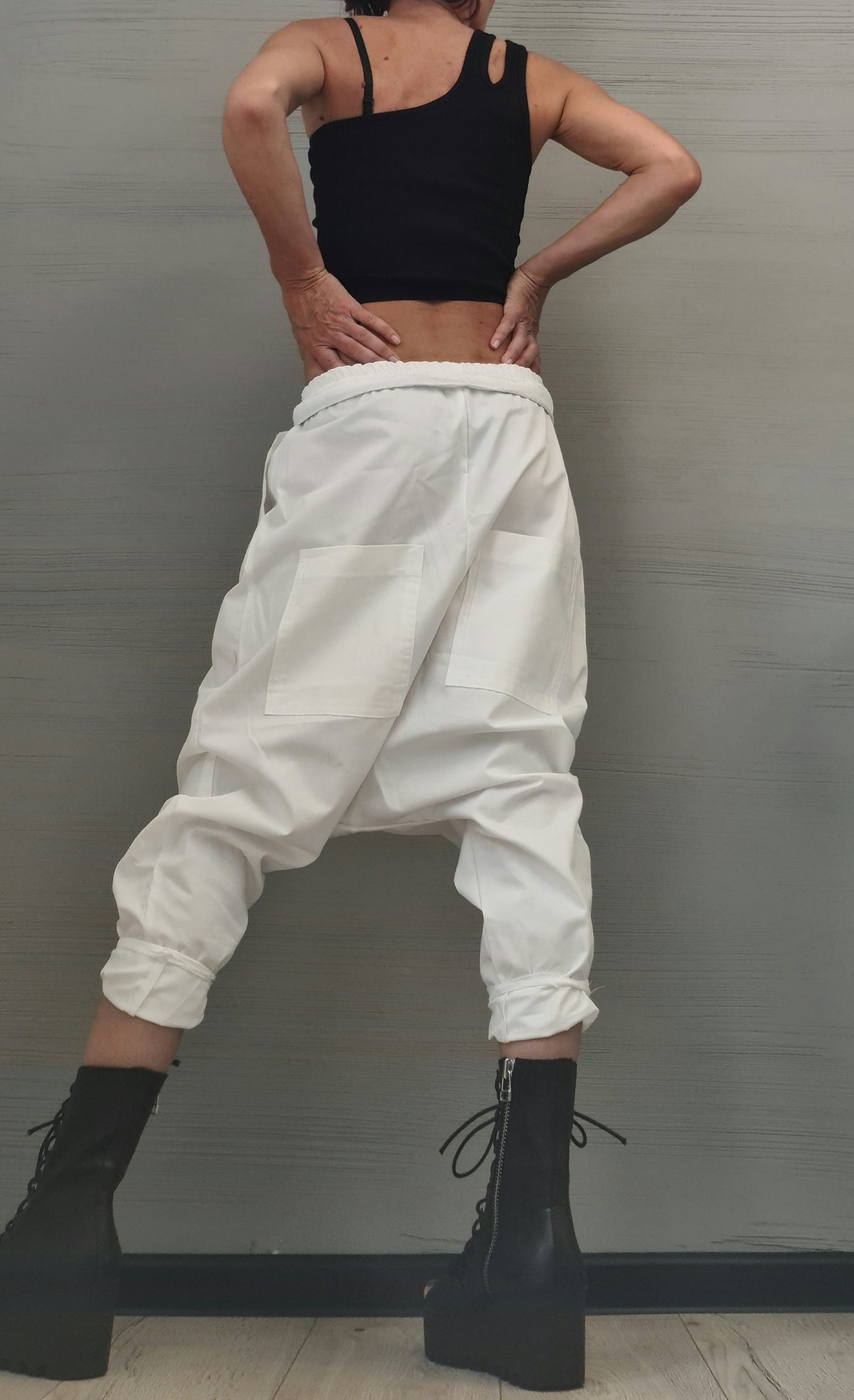 White Cotton Harem Trousers, Drop Crotch Pants