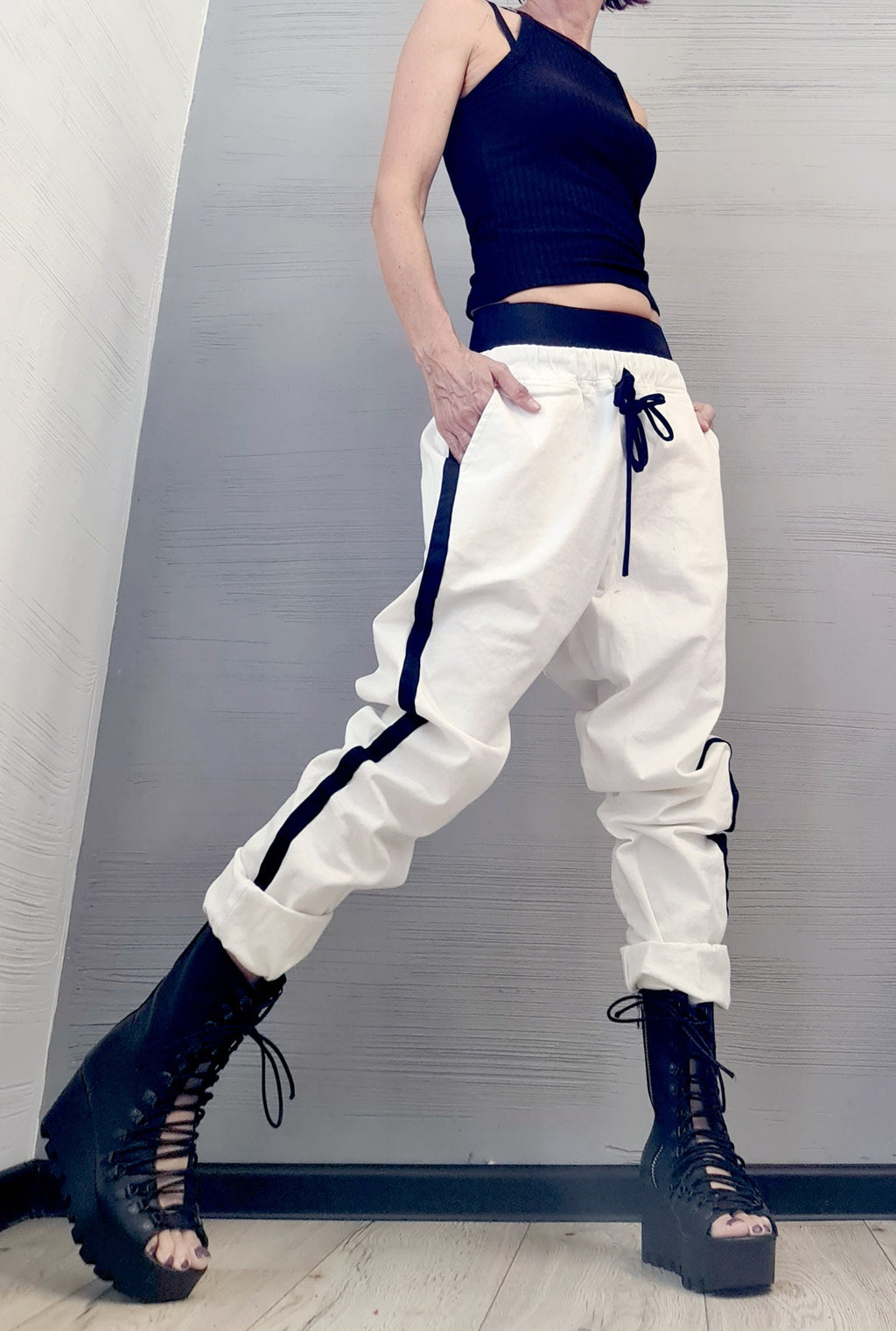 White Wide Leg Trousers, Plus Size Cotton Pants, Designer Clothing