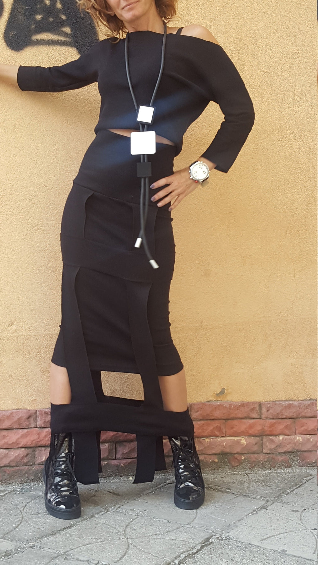 Black Cotton High-Waist Maxi Pencil Skirt, Asymmetrical Off-Shoulder Blouse, Cutout Hem, Two-Piece Co-Ord Set