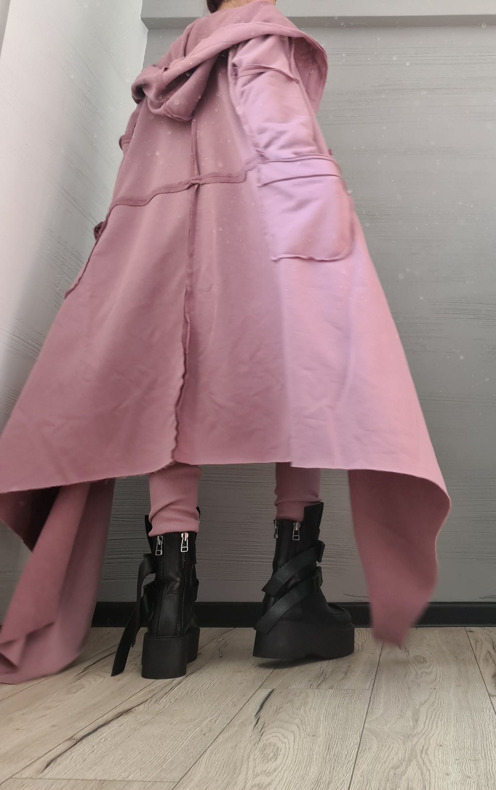 Dusty Rose Hooded Cotton Vest, Plus Size Asymmetric Gilet, Long Sleeveless Jacket