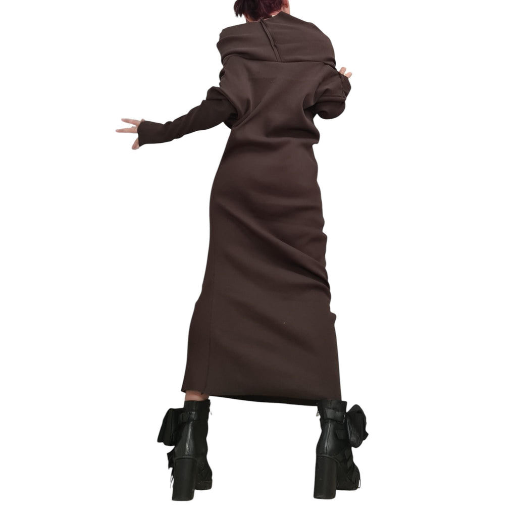 Brown Asymmetrical Maxi Dress, Avant Garde Long Sleeve Off Shoulder Gown