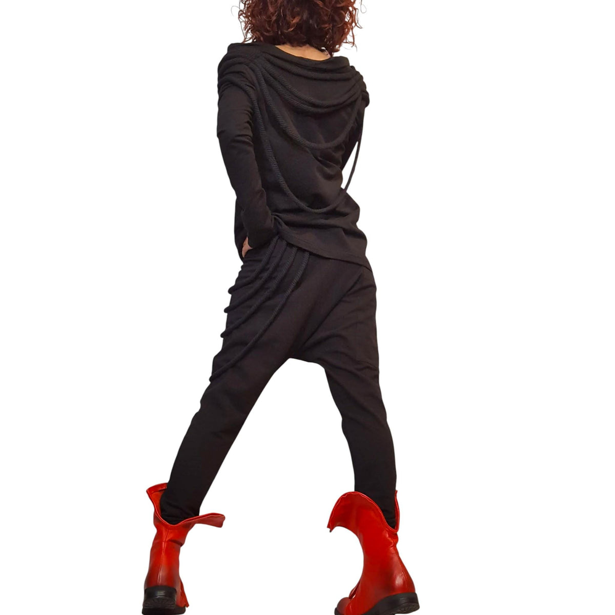 Black Cotton Drop Crotch Harem Pants, Fitted Draped Cowl Neck Top, Two-Piece Co-Ord Set