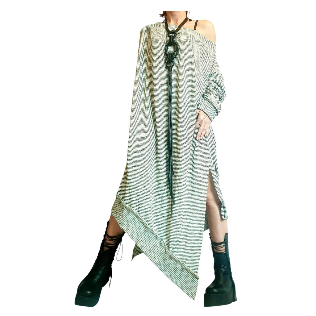 Stripe Extravagant Long Dress, Loose Maxi Dress Tunic, Plus Size Clothing, Oversize Dress, Sleeve Dress, One Shoulder Dress, Knitting Tunic