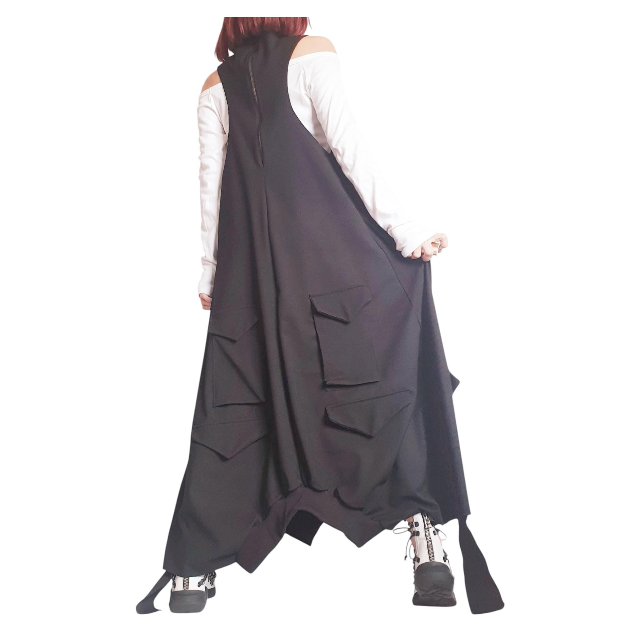 Black Gothic Dress, Asymmetric Cargo Design, Plus Size Kaftan, Avant Garde Dress for Women