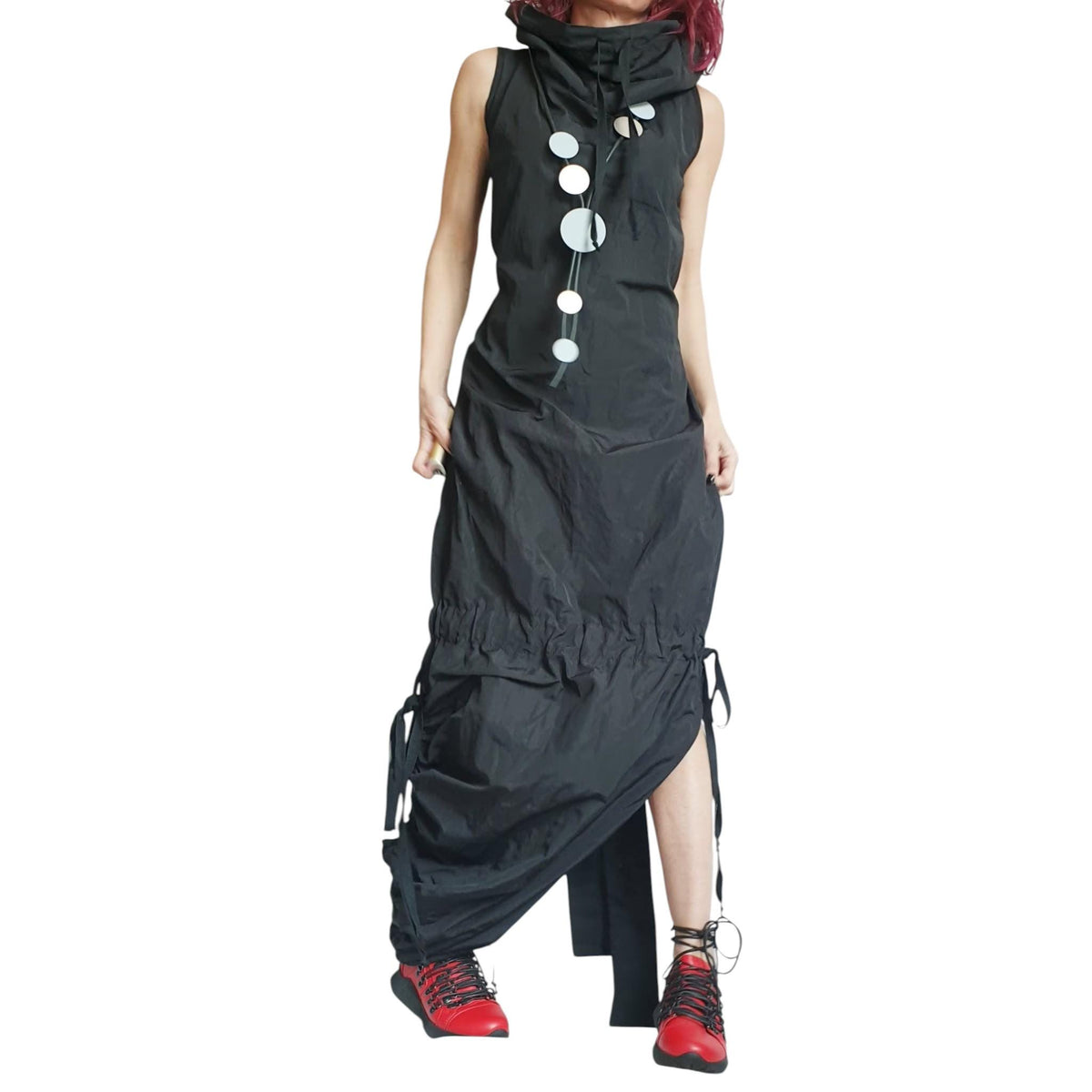 Black Asymmetric Taffeta Maxi Dress, Open Back, Gothic Fit