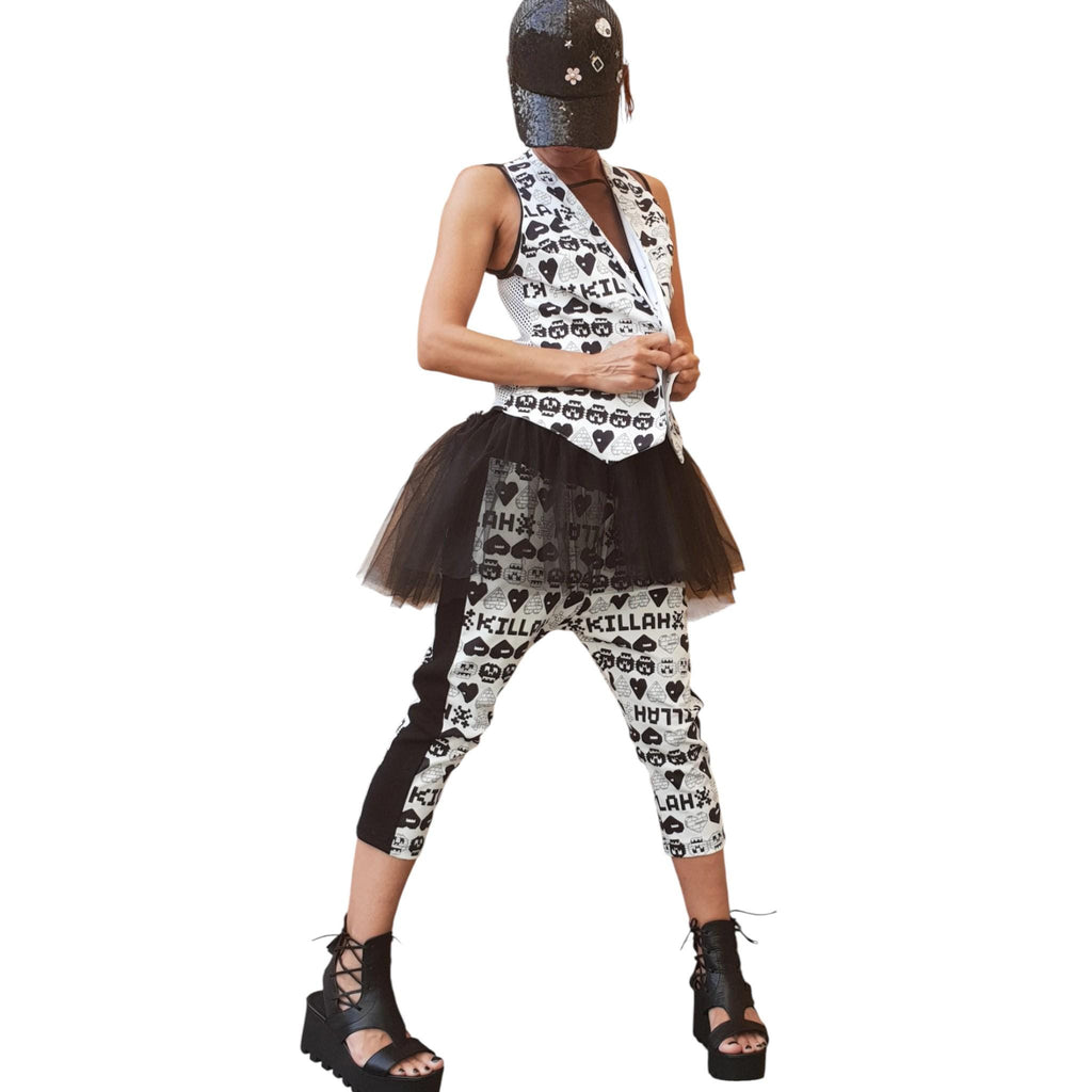 Black White Printed Harem Pants, Tulle Blouse, Sleeveless Vest, Three Piece Co-Ord Set