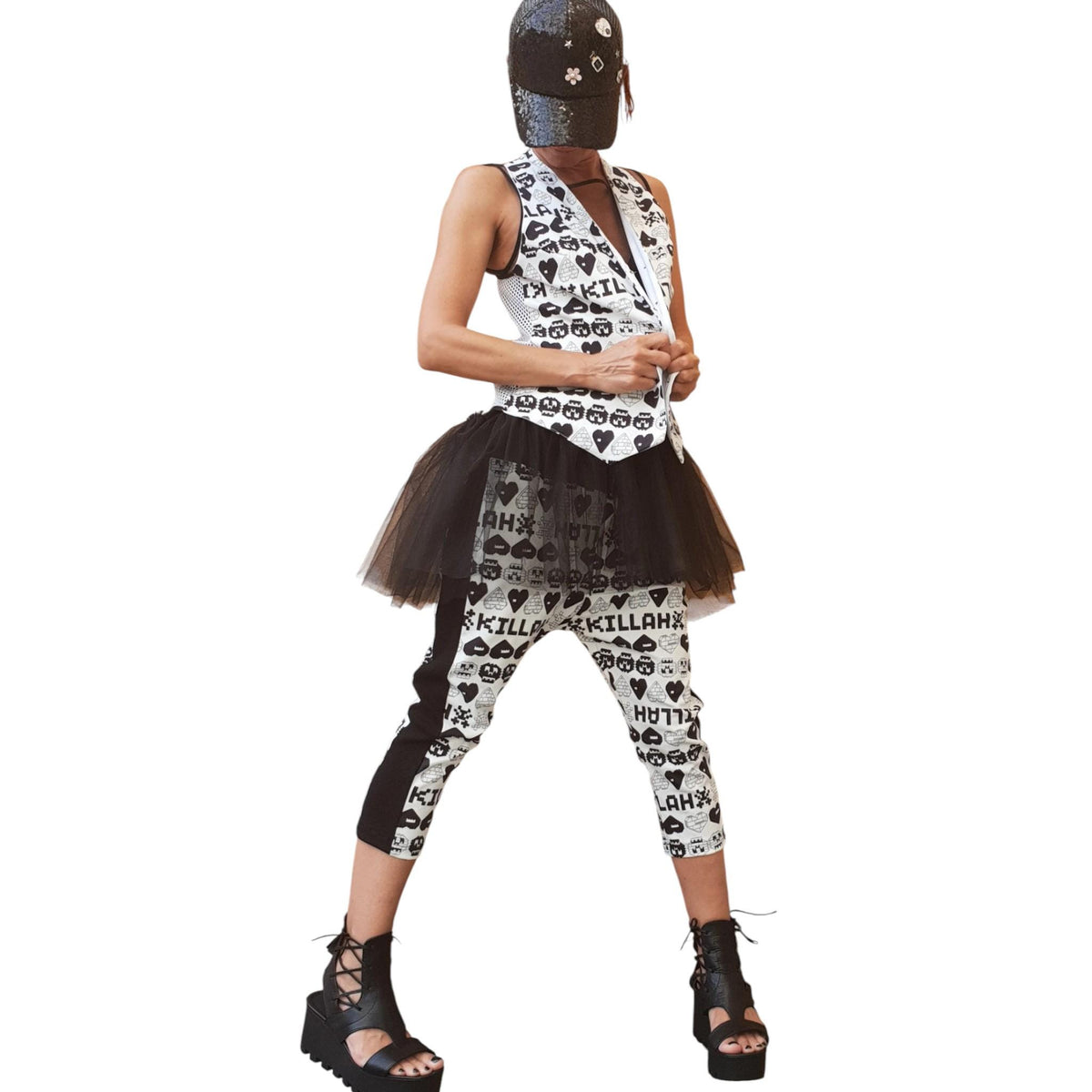 Black White Printed Harem Pants, Tulle Blouse, Sleeveless Vest, Three Piece Co-Ord Set
