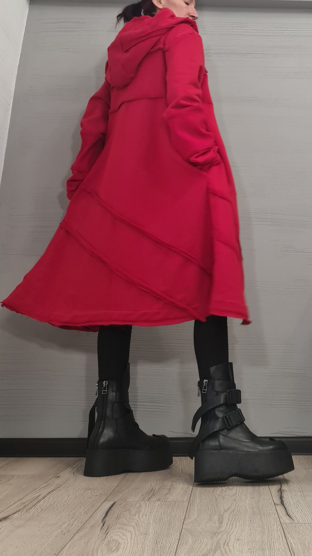 Red Hooded Cotton Coat, Long Plus Size Jacket, Black Buckle Strap Details