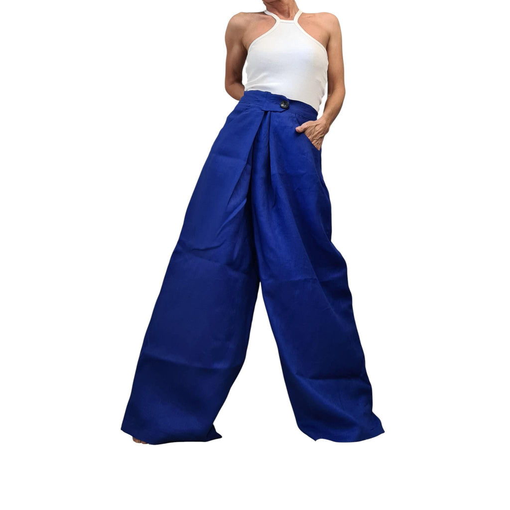 Royal Blue Linen Pants, Drop Crotch Harem Trousers, Wide Leg Avant Garde Clothing