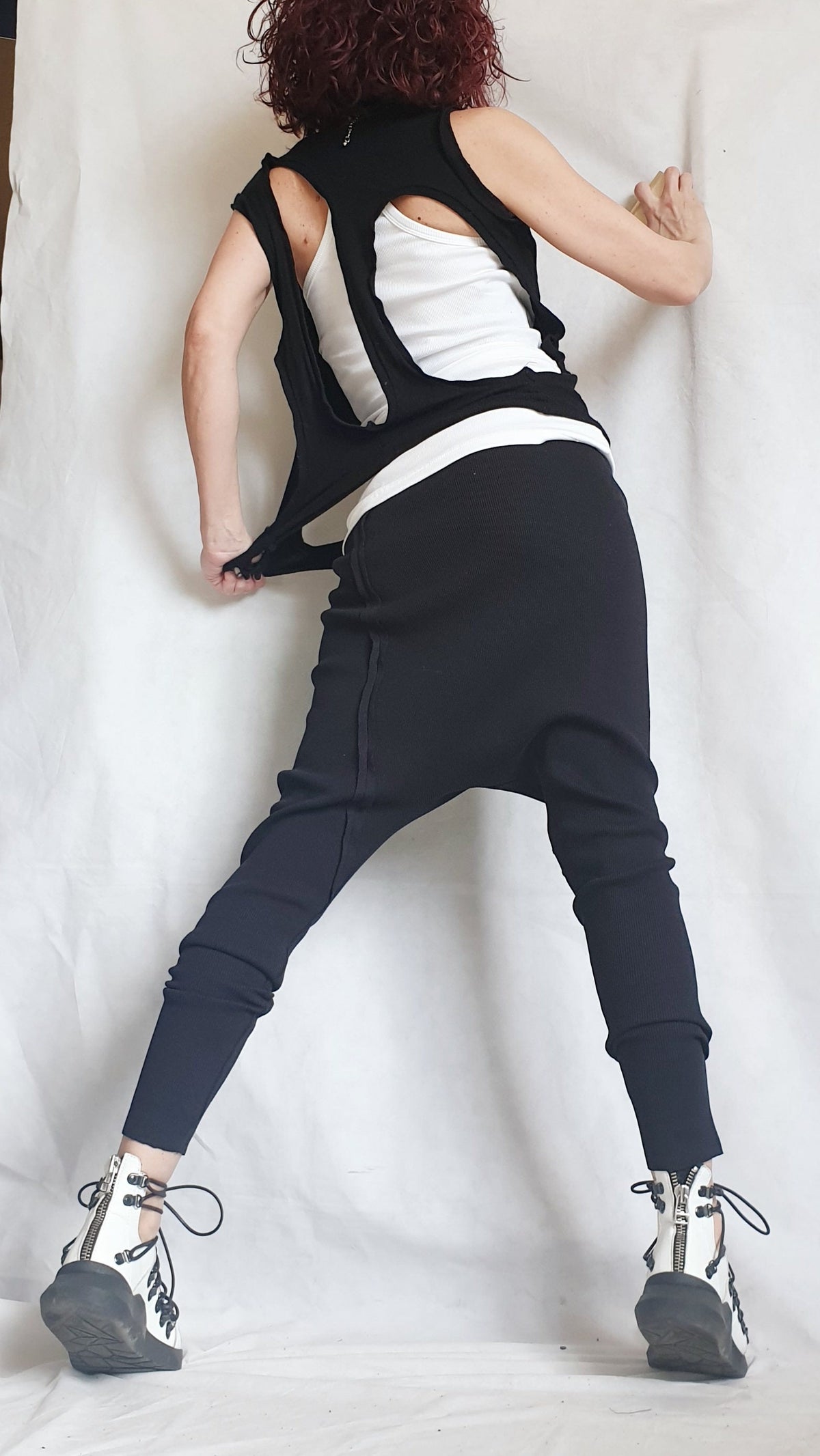 Black Cotton Drop Crotch Harem Pants, Sleeveless Top, Tapered Legs, Co-Ord Set