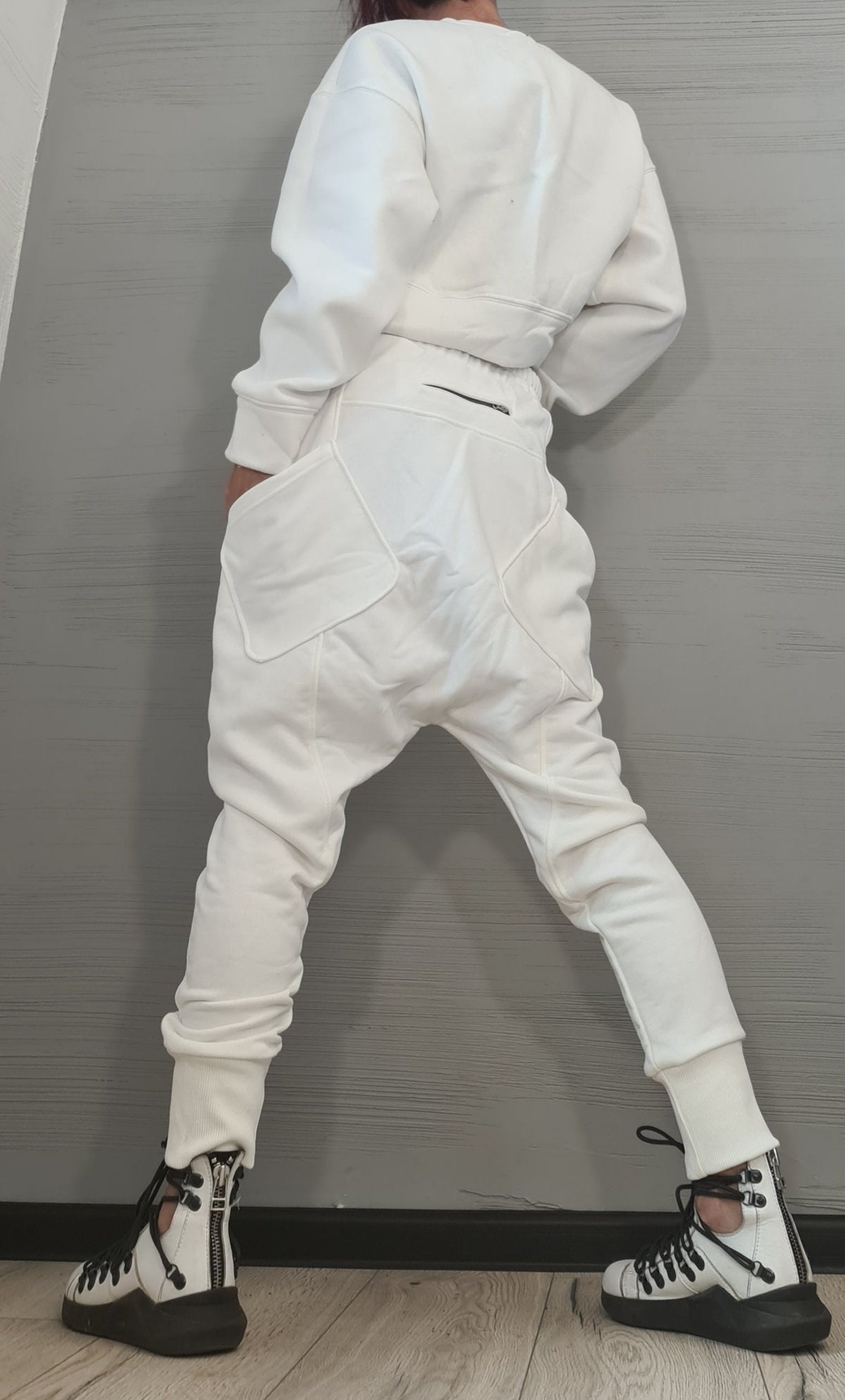 White Cotton Drop Crotch Harem Pants, French Terry Blouse Set