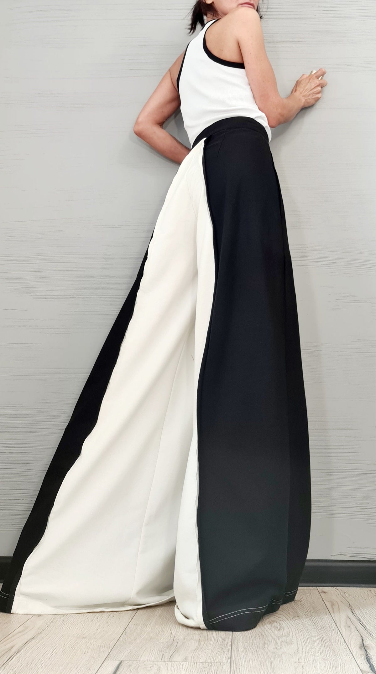 Black White French Terry Pants, Drop Crotch Trousers, Wide Leg Design