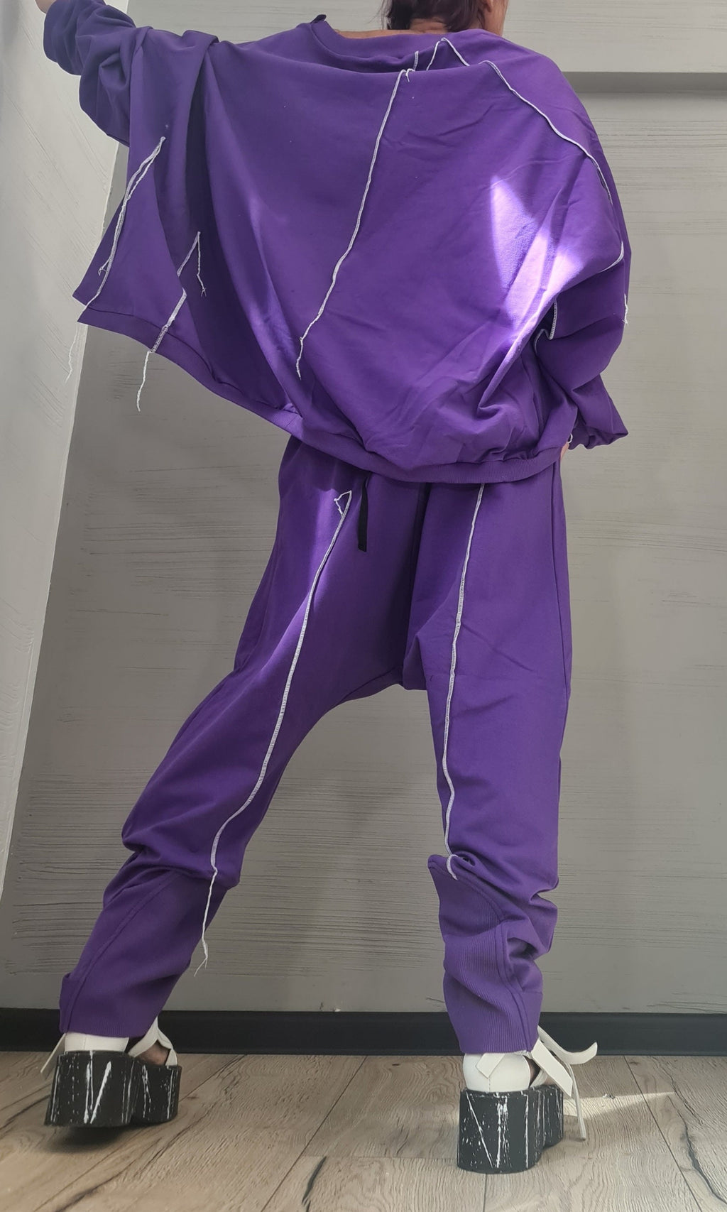 Grey Cotton Harem Pants Set, Asymmetrical Oversized Blouse, Women's Plus Size Loungewear Set