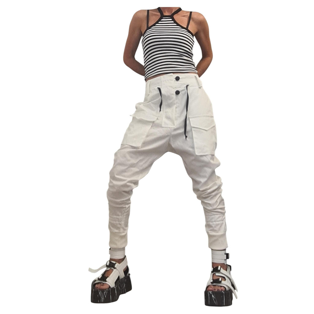 White Cargo Harem Pants, Drop Crotch Tapered Leg, Alternative Bridal Outfit