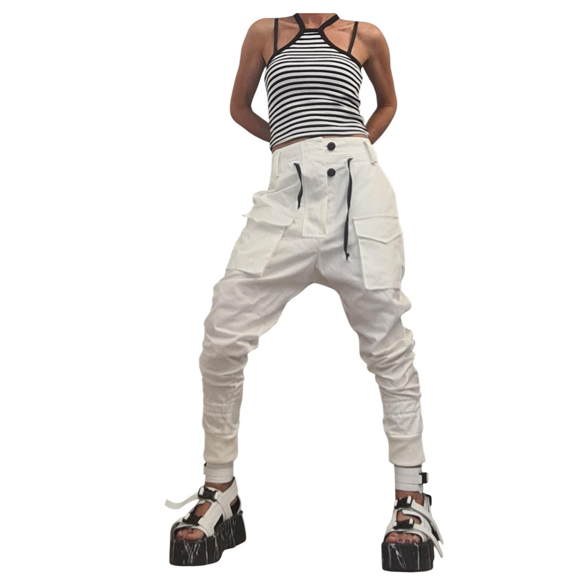 White Cargo Harem Pants, Drop Crotch Tapered Leg, Alternative Bridal Outfit