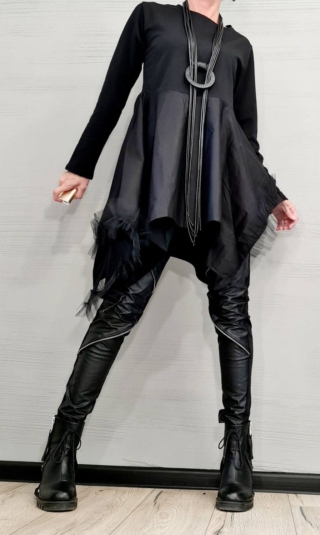 Avant Garde Tunic Dress, Deconstructed Asymmetric Tulle Top, Long Sleeve Loose Fit