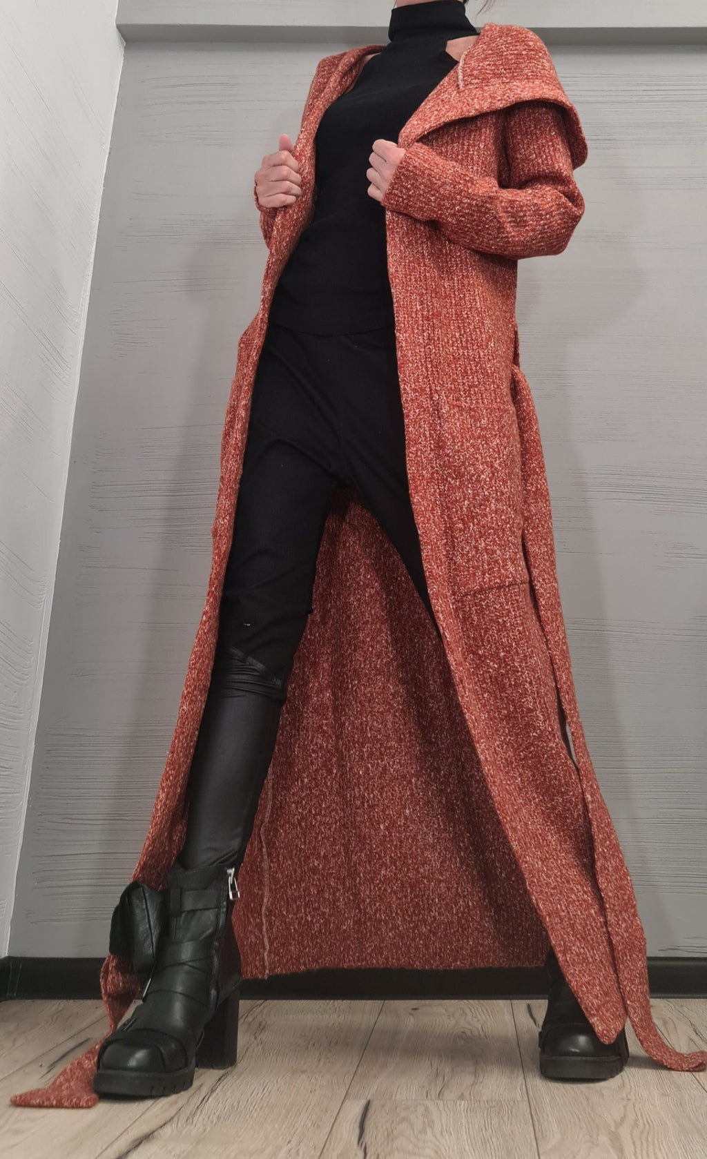 Brick Orange Mohair Hooded Maxi Cardigan, Oversized Knitted Sweater, Long Coat