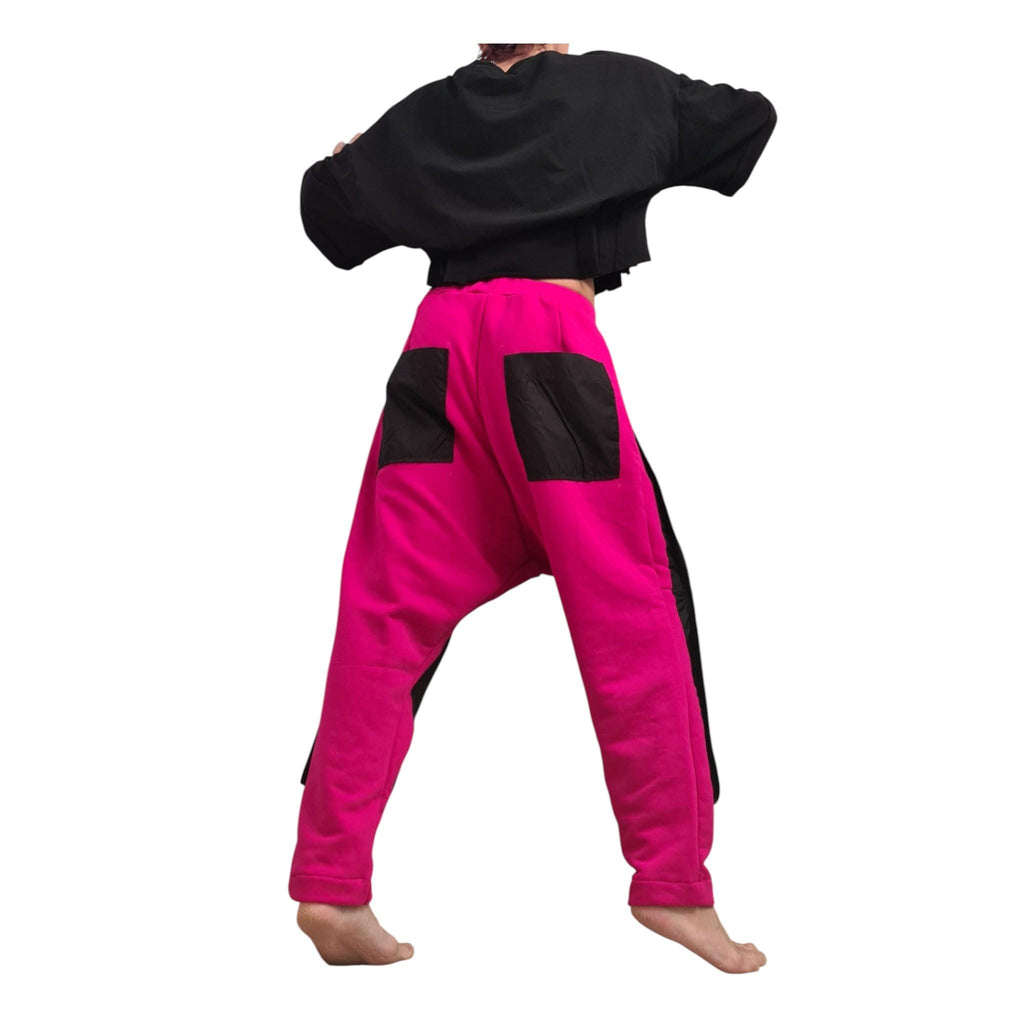 Fuchsia Harem Pants, Black Cargo Pockets, French Terry Tapered Leg Joggers