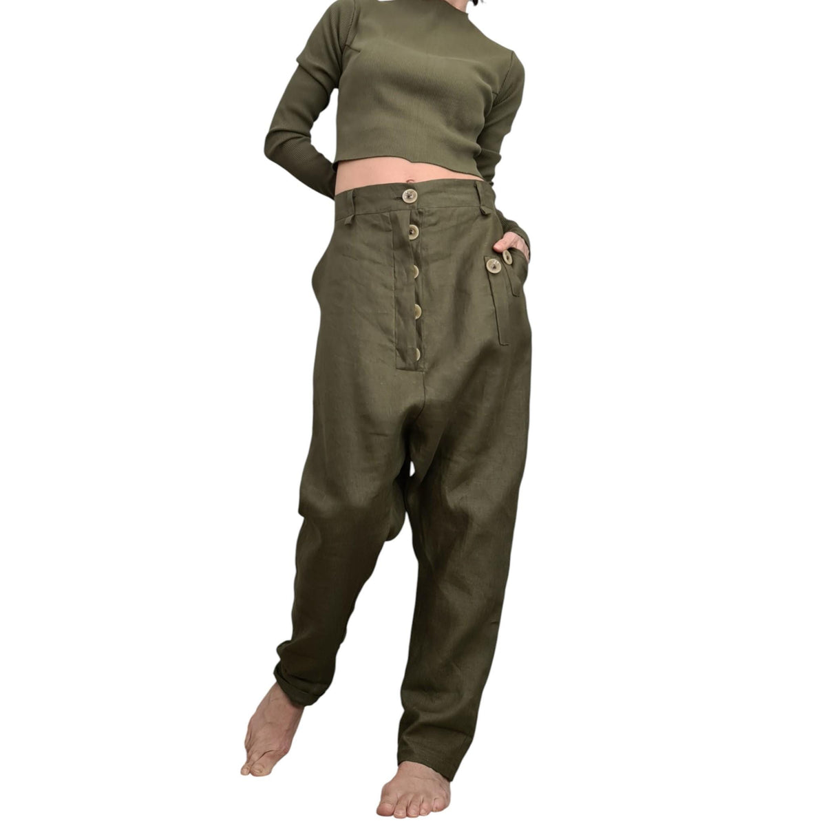 Military Green Linen Harem Pants for Women, Summer Designer Trousers, Handmade Clothing
