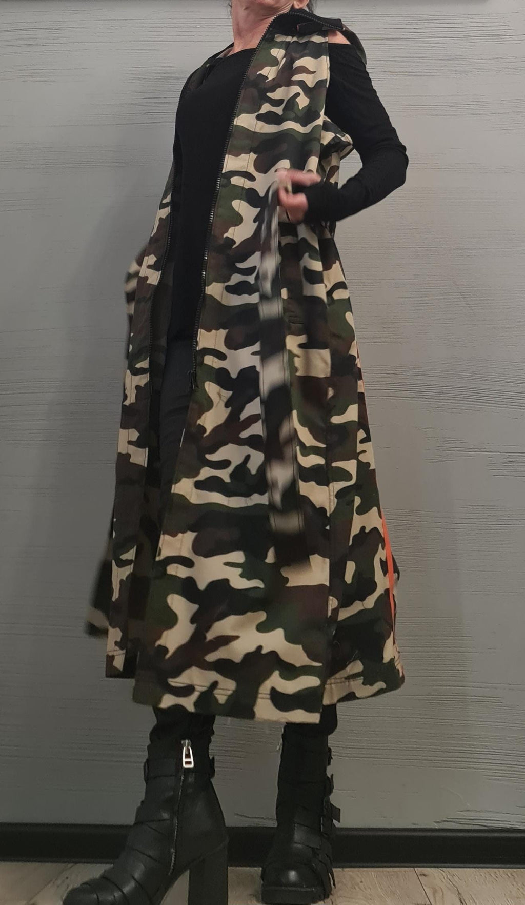 Camouflage Two-Piece Set, Cropped Hooded Jacket, Belted Maxi Vest, Orange Stripes