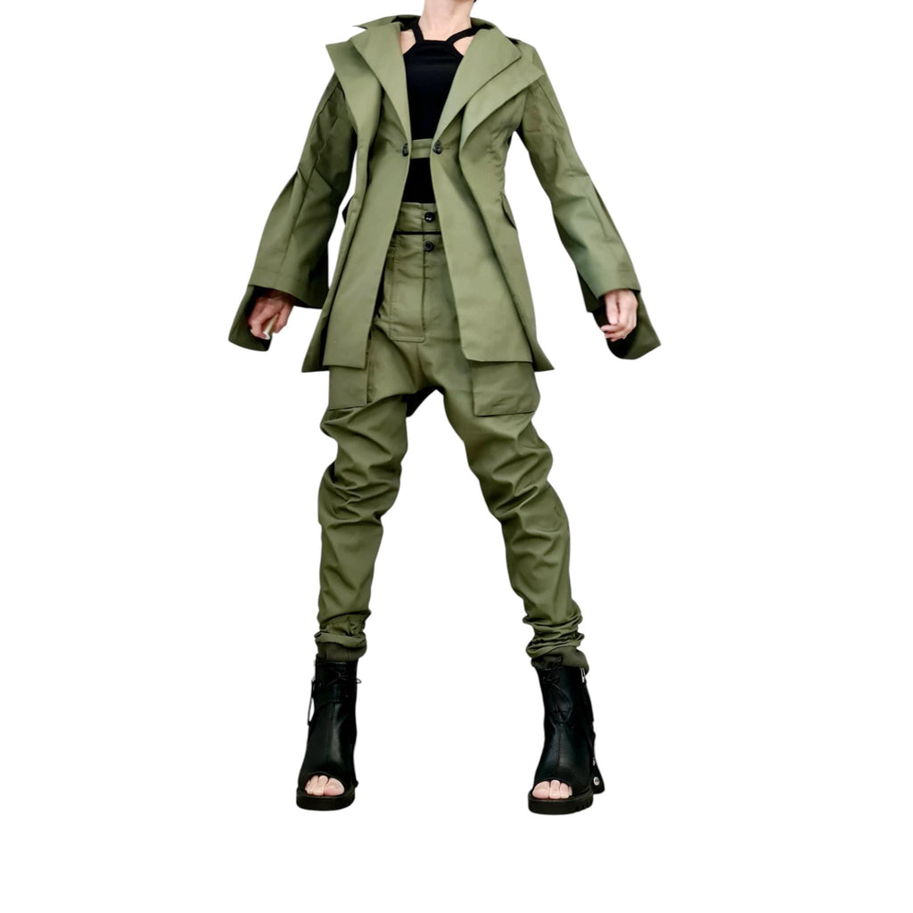 Olive Green Tailored Cargo Pants, Structured Double-Lapel Longline Blazer, Flared Cuffs, Military Co-Ord Set