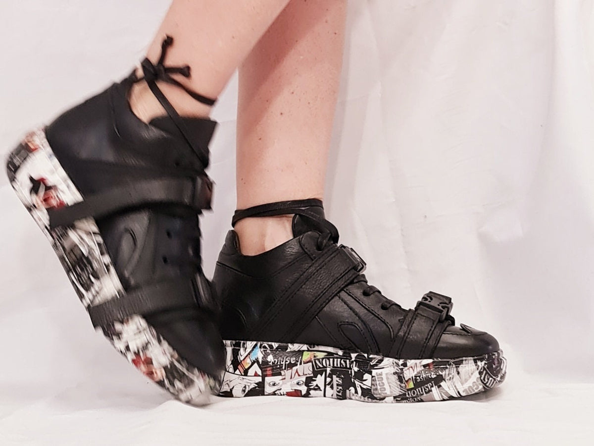 Black Leather Sneakers, Gothic Grunge Trainers, Colored Sole Women Footwear